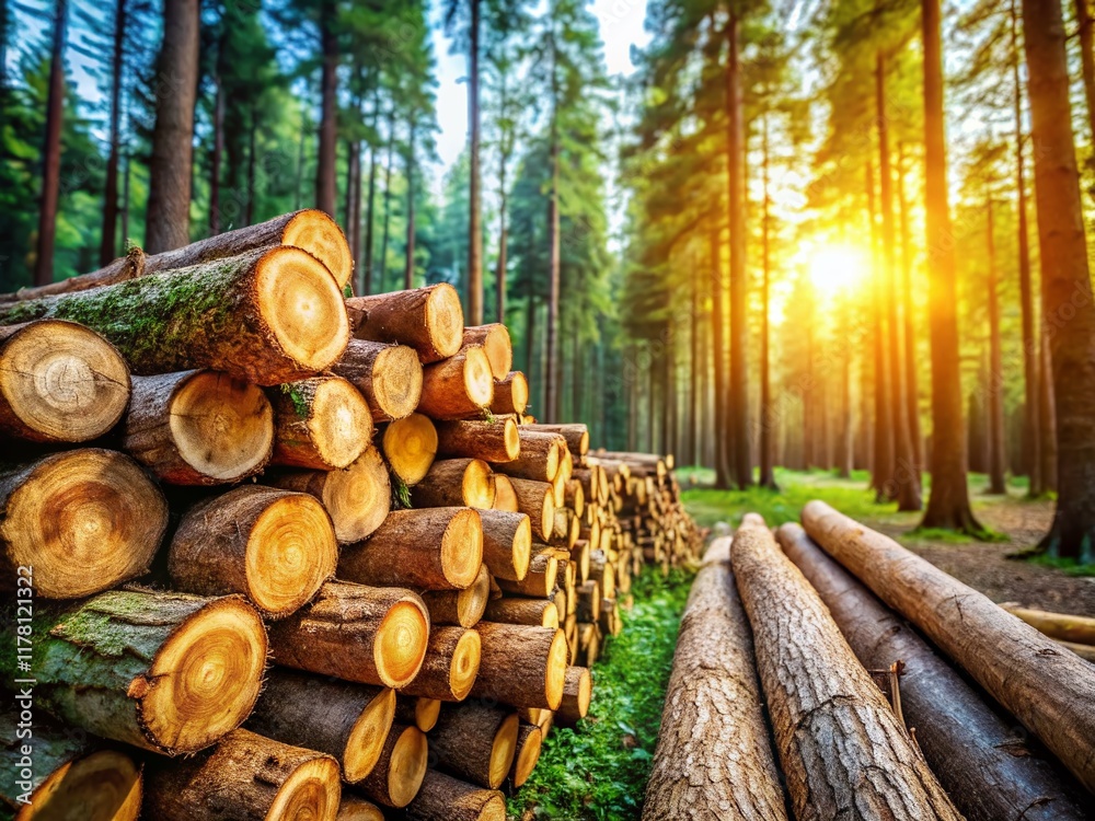 Stacked Logs in Deep Forest - Rustic Woodpile Stock Photo Stacked Logs in Deep Forest - Rustic Woodpile Stock Photo