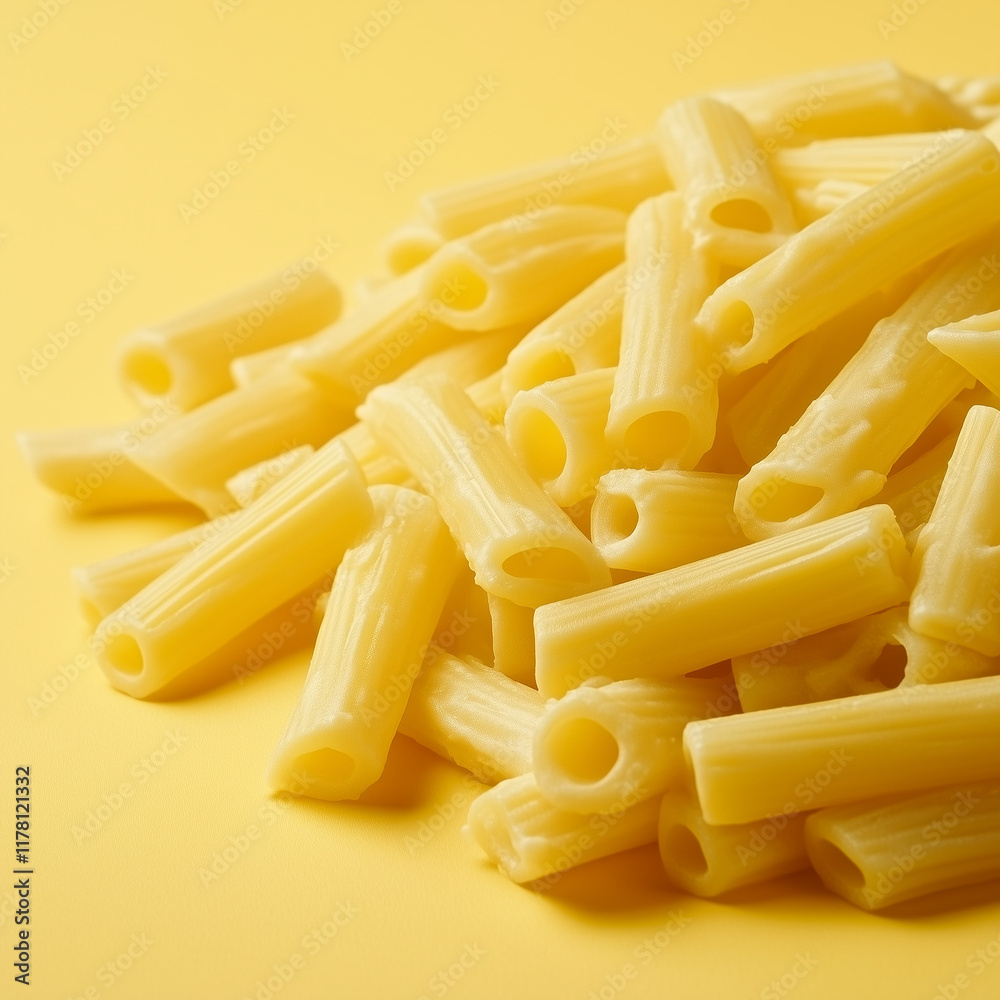 Pasta rigatoni on yellow background Pasta rigatoni on yellow background
