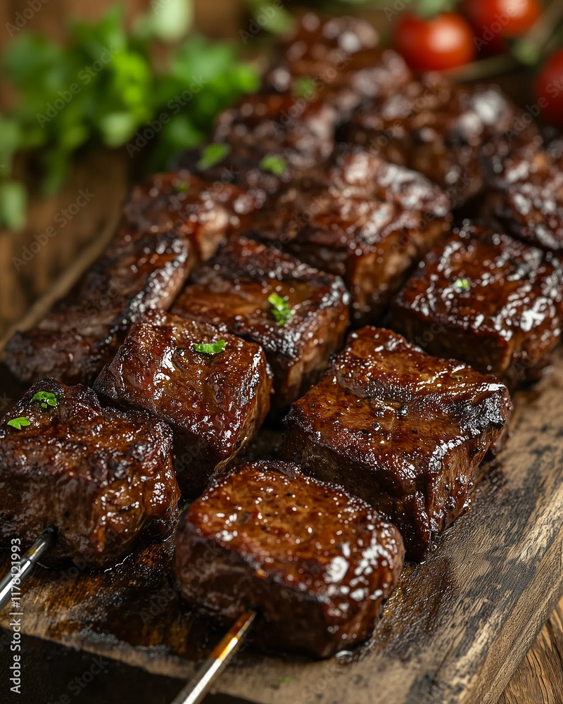 Grilled beef kebabs on wooden platter Grilled beef kebabs on wooden platter