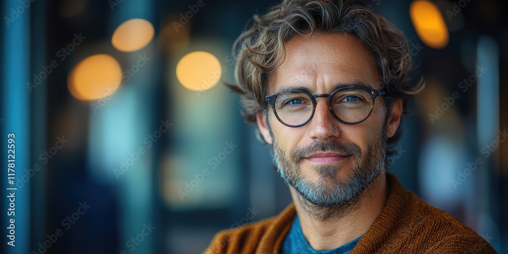 Portrait of a Confident Middle-Aged Man with Glasses and a Beard, Wearing a Casual Outfit, Set Against a Modern Blurred Urban Background with Bokeh Lights, Emitting Warm Lighting Portrait of a Confident Middle-Aged Man with Glasses and a Beard, Wearing a Casual Outfit, Set Against a Modern Blurred Urban Background with Bokeh Lights, Emitting Warm Lighting
