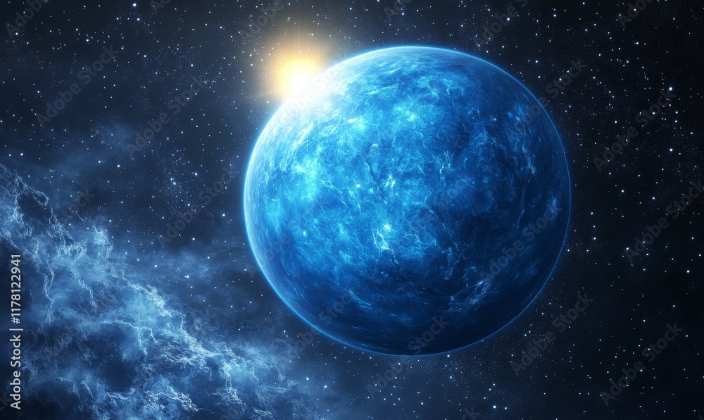 Obraz premium Blue and white planet with a sun shining on it. The sun is in the middle of the image and is the brightest spot.