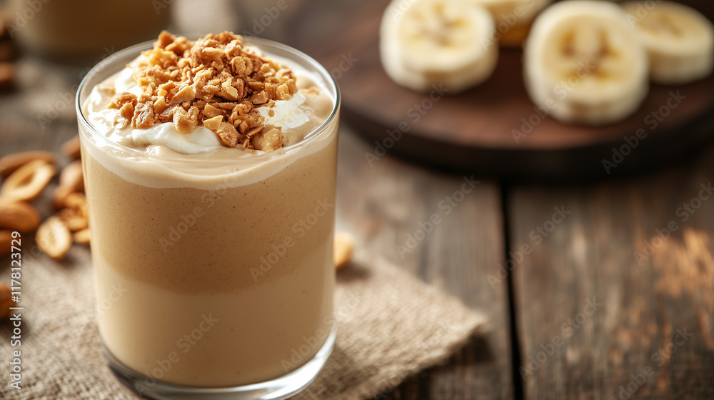 Banana smoothie with whipped cream and granola on wooden table Banana smoothie with whipped cream and granola on wooden table