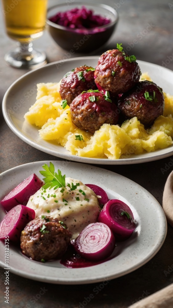 Juicy Meatballs with Creamy Mashed Potatoes and Vibrant Beet Salad Juicy Meatballs with Creamy Mashed Potatoes and Vibrant Beet Salad