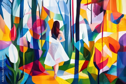 Fototapeta Naklejka Na Ścianę i Meble -  Abstract painting of woman walking in colorful forest celebrating Women's Day concept, vibrant colors symbolizing femininity and empowerment
