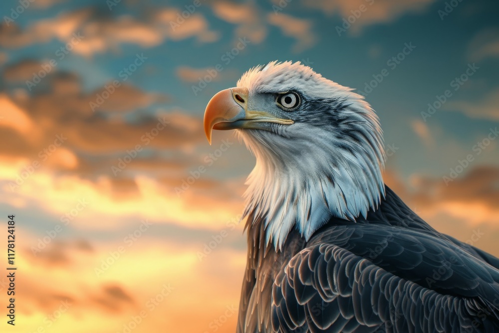 Fototapeta premium A majestic bald eagle stands proud against a breathtaking sunset sky, showcasing its striking features and powerful presence while surveying its surroundings from a high vantage point