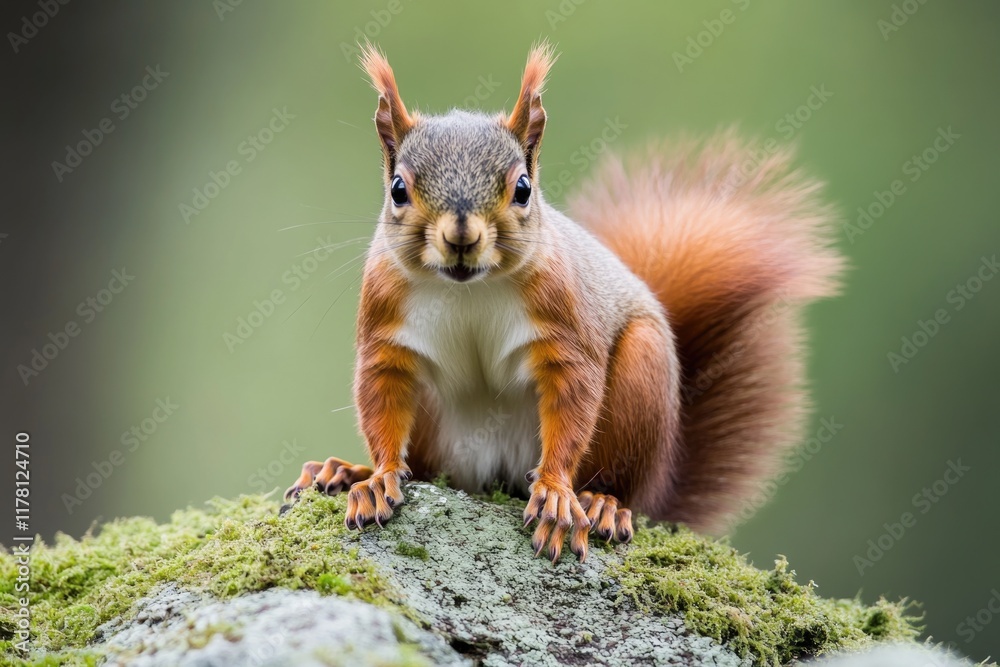 Fototapeta premium A small mammal sits on a rock with moss and lichen growth, surrounded by natural scenery
