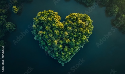 Aerial view of Paradise Island in the Shape of a Heart. Love Vacation Concept. Generative AI.