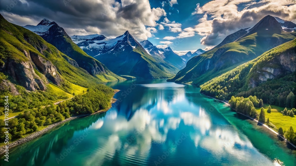 Fototapeta premium Stunning Aerial View of a Norwegian Fjord, Dramatic Landscape Photography