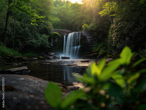 A Tranquil Forest Landscape Featuring a Majestic Waterfall Cascading Down Rocky Cliffs into a Serene Pool, Surrounded by Lush Greenery and Bathed in Gentle Sunlight