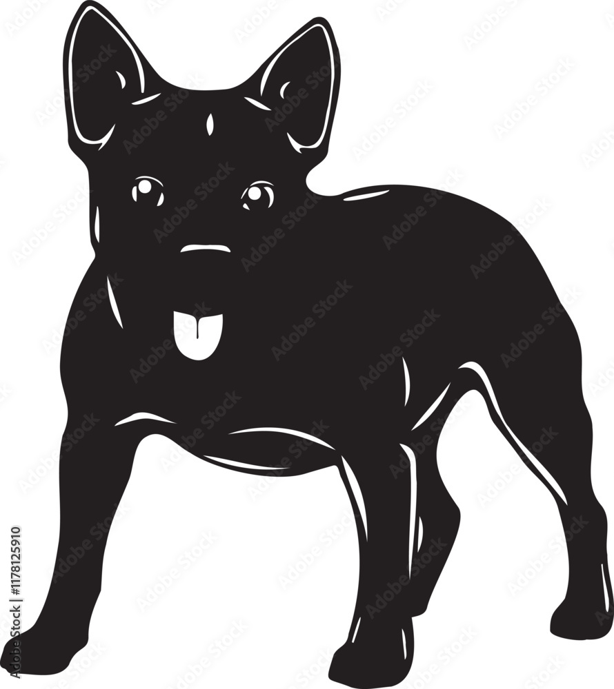 Obraz premium French bulldog silhouette front view with tongue out. Cute black cartoon dog vector with simple white details, isolated on white background for logos, stickers and pet designs