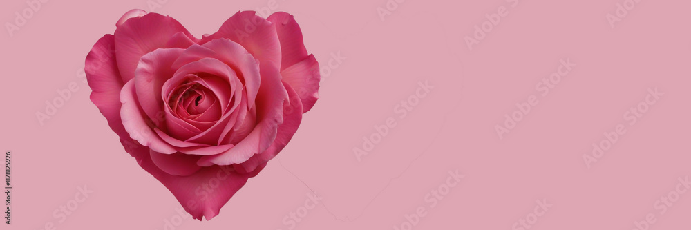 Fototapeta premium Heart shape created with pink rose petals on light pink background for romantic decoration or celebration, valentine's day. For banners, wallpaper, greeting. Copy space. 