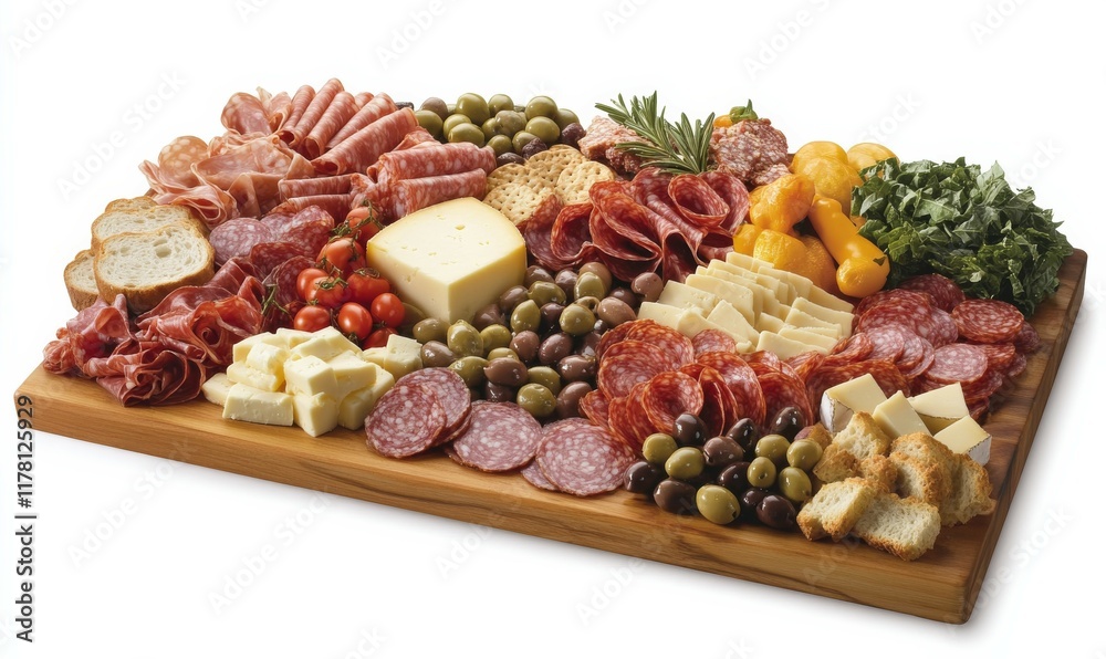 An assortment of cold cuts, cheeses, olives, fruits, vegetables, bread, and snacks arranged on a wooden board. An assortment of cold cuts, cheeses, olives, fruits, vegetables, bread, and snacks arranged on a wooden board.