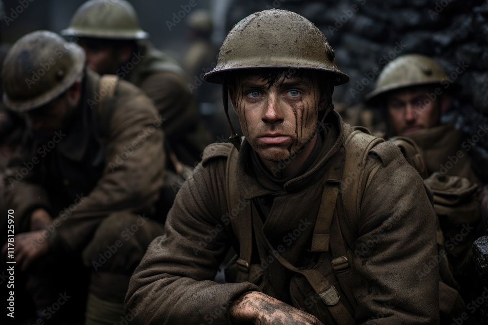 Fototapeta premium British soldiers in a World War I trench enduring harsh conditions while preparing for the next battle, showcasing their resilience and camaraderie on the front line