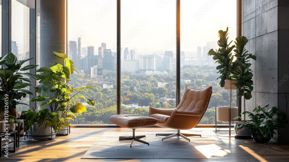 Fototapeta premium Living room interior with large panoramic windows and megalopolis cityscape. Modern apartment with city skyline view, cozy armchair, plants and furniture, home design, Cartoon vector illustration