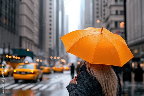 Woman with Bright Orange Umbrella on Rainy City Street Celebrating International Women's Day, Feminism, 8 March Concept photo