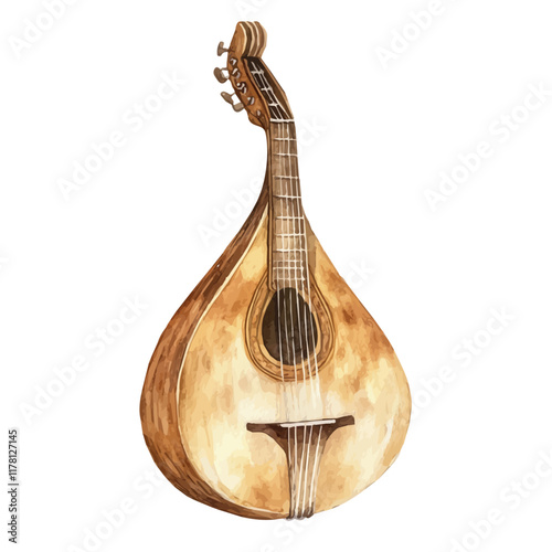 A watercolor vector of an oud, isolated on a white background. Musical instrument vector.
