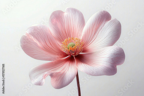 A serene close-up of a delicate pink flower with soft yellow stamens, perfect for spring-themed events, invitations, or tranquil decor.