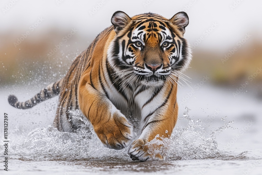 A tiger running through a body of water A tiger running through a body of water