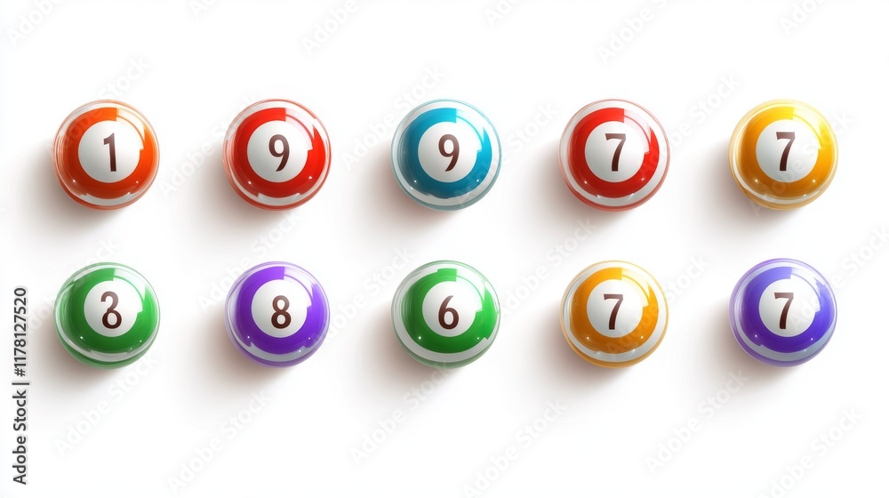 Bingo lottery balls with numbers from one to eight. Vector realistic set of 3d color balls for lotto keno game or billiard. Glossy spheres for casino gambling and snooker isolated on white background Bingo lottery balls with numbers from one to eight. Vector realistic set of 3d color balls for lotto keno game or billiard. Glossy spheres for casino gambling and snooker isolated on white background