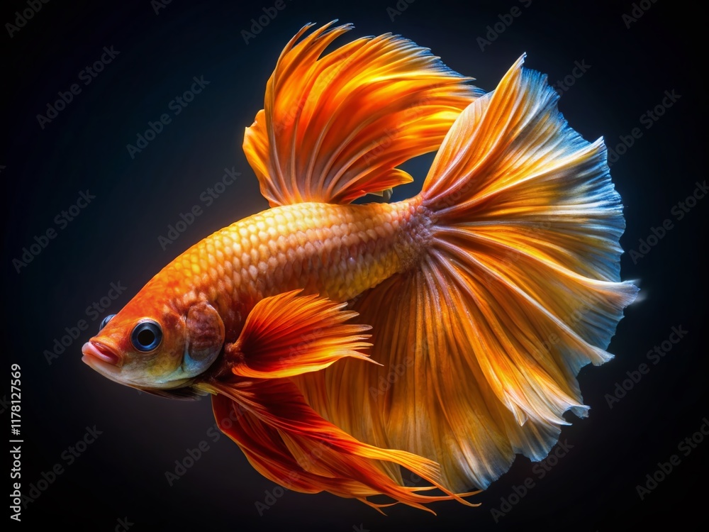 Fototapeta premium Stunning Golden & Orange Betta Fish with High Depth of Field, Dark Background Stock Photo