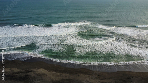 A beach with black sand seen from above photo