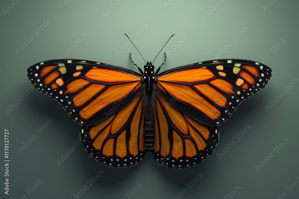 Obraz premium A vibrant digital rendering of a monarch butterfly showcasing its striking orange and black pattern captured in a clean and modern aesthetic, perfect for nature enthusiasts and art lovers