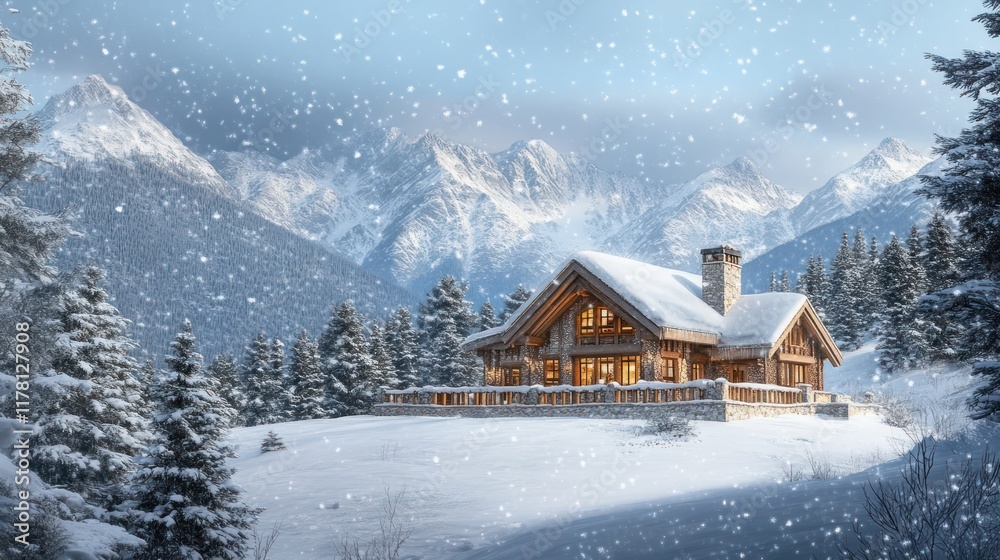Snowy chalet nestled in alpine mountains Snowy chalet nestled in alpine mountains