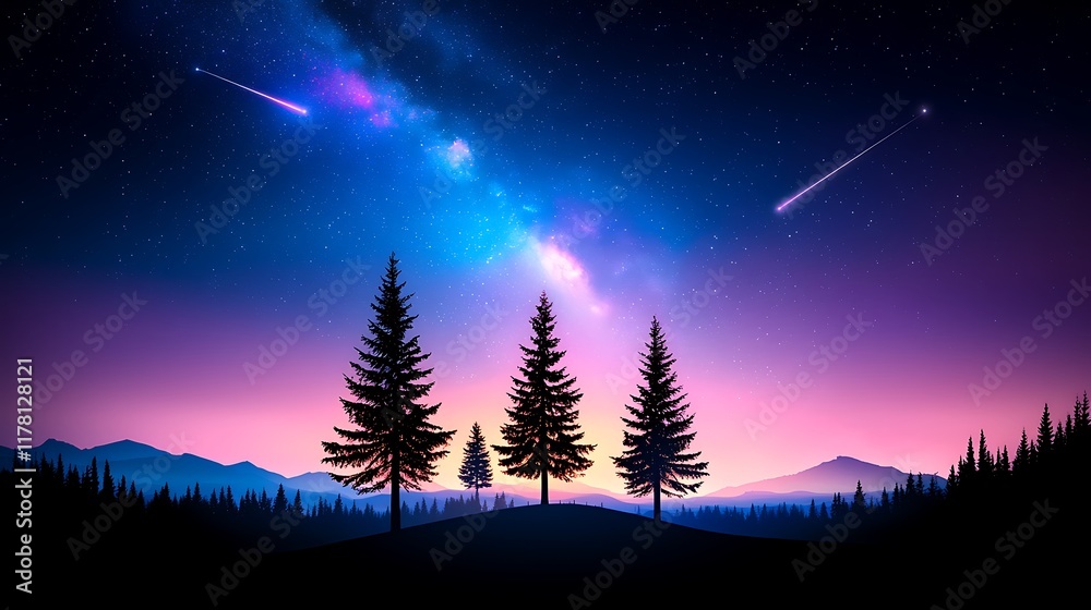 Fototapeta premium Three silhouetted pine trees on a hill under a vibrant night sky with the Milky Way and shooting stars.