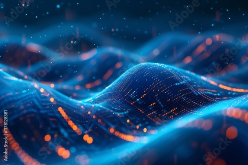 Exploring an abstract digital landscape with flowing waves illuminated by glowing lines and particles in vibrant blue and orange hues during a futuristic backdrop