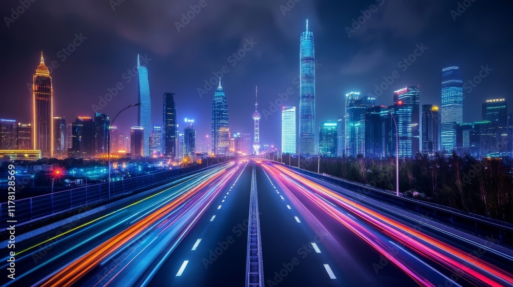 Fototapeta premium Road to night city, empty highway with glowing street lamps and skyline with urban architecture. Megalopolis infrastructure with modern skyscrapers under dark starry sky, Cartoon vector illustration