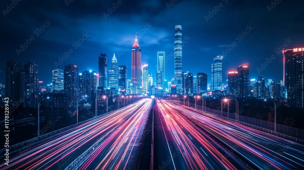Fototapeta premium Road to night city, empty highway with glowing street lamps and skyline with urban architecture. Megalopolis infrastructure with modern skyscrapers under dark starry sky, Cartoon vector illustration