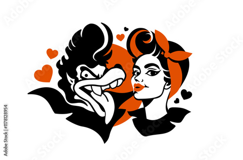 Big Bad Wolf and Red Riding Hood fictional characters on Valentine's Day, 50s, rock'n'roll people, lifestyle, classic rockabilly couple in love, vector cartoon illustration in black and red, tattoo 