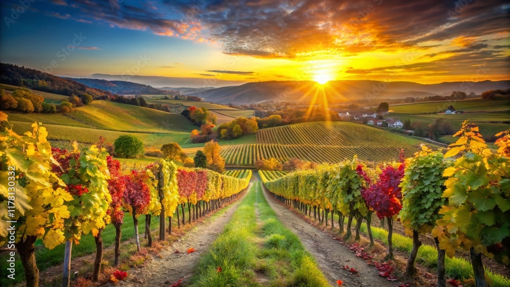 Naklejka premium Stunning Saale-Unstrut Vineyard Landscape at Sunset, Germany