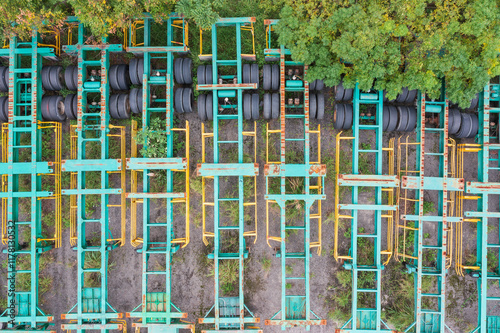 Aerial View of Green and Yellow Trailer Chassis Lineup