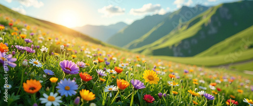 Vibrant Wildflower Meadow at Sunset Evoking Serenity with Colorful Blossoms in Lush Green Landscape photo