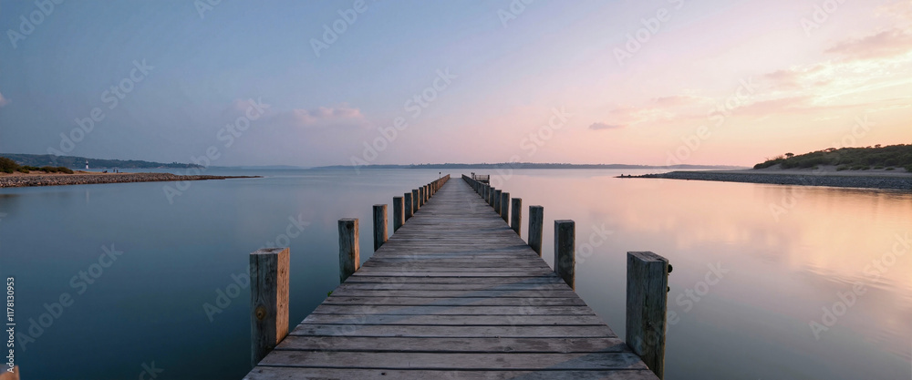 Fototapeta premium Tranquil wooden fishing pier extending into calm waters at sunset, reflecting warm hues of orange and pink with gentle ripples around