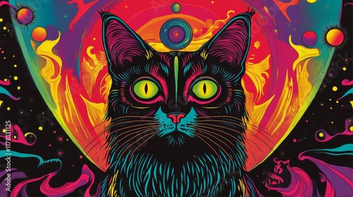 Psychedelic rave trip party banner templates set, martian head and cat with three eyes, mouth with tongue and disco ball, acid backgrounds. Vector cartoon hippie posters with druds photo