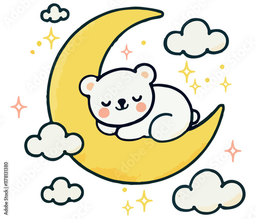 Cute polar bear sleeping on a crescent moon surrounded by fluffy clouds and soft stars. Trendy flat vector illustration. Perfect for children's decor, greeting cards, or nursery themes