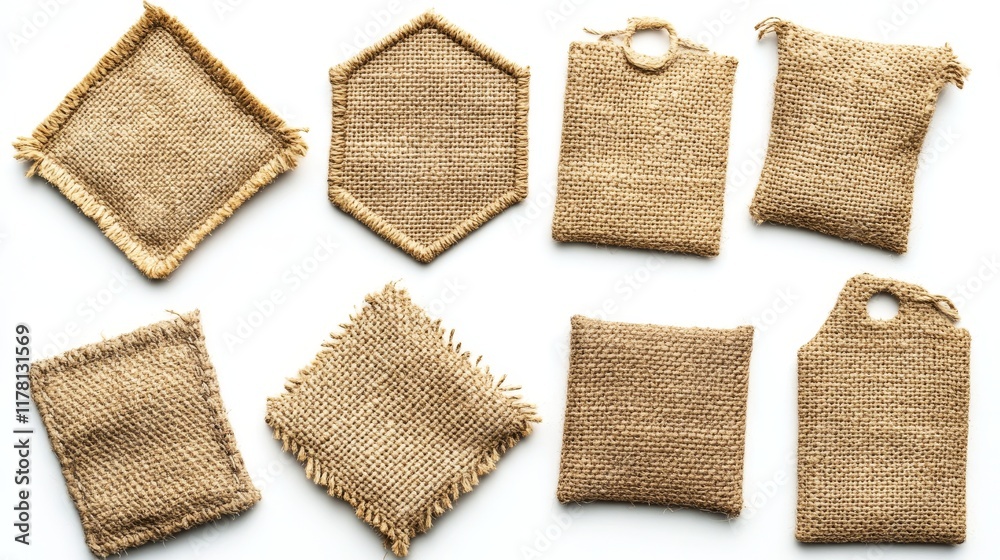 Fototapeta premium Jute cloth patches, labels with burlap fabric texture. Vector illustration of textile tags different shapes from brown canvas material with stitches isolated on white background
