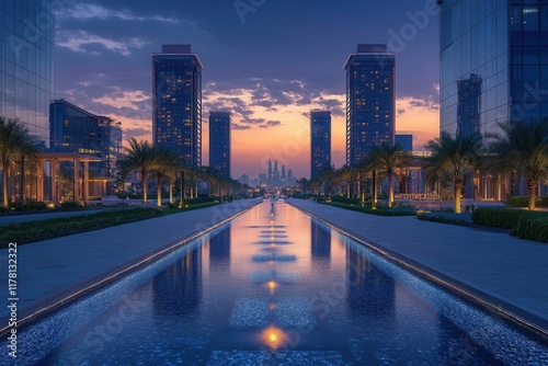 during the blue hour the kafd buildings in riyadh come alive with soft lights and reflections showcasing modern architecture against a deepening twilight sky creating a stunning urban landscape photo