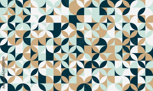 Stylish geometric pattern featuring a repeating design of circles, squares, and triangles in muted teal, beige, and dark green. Ideal for website backgrounds, textile prints, or modern branding.