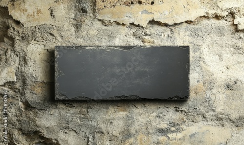 On a textured wall, a blank black glass signplate is displayed photo