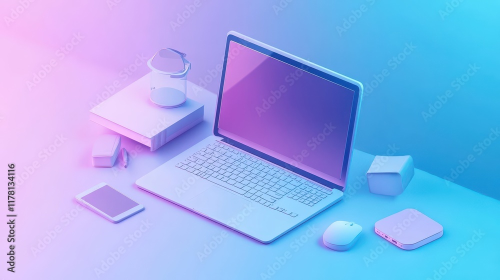 Modern workspace with laptop and smartphone in blue and pink light Modern workspace with laptop and smartphone in blue and pink light