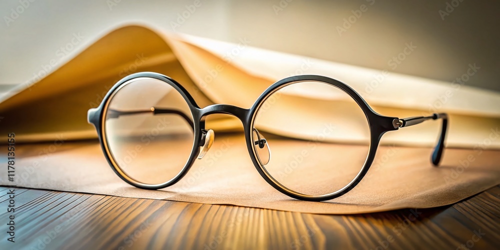 Stylish Round Black Eyeglasses on Beige and Black Paper Background - Long Exposure Photography Stylish Round Black Eyeglasses on Beige and Black Paper Background - Long Exposure Photography