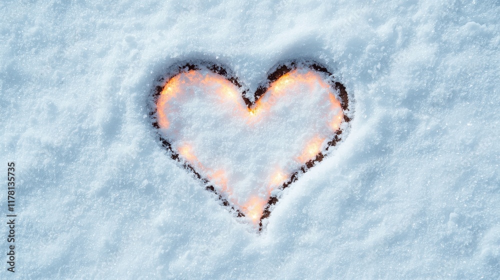 A heart shape is outlined in snow, glowing with warmth, creating a striking contrast against the cold, white landscape. A heart shape is outlined in snow, glowing with warmth, creating a striking contrast against the cold, white landscape.