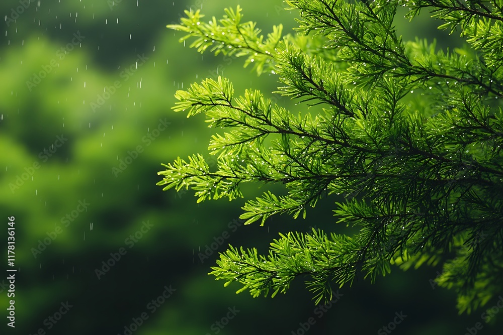 RainKissed Evergreen Branch In Lush Forest RainKissed Evergreen Branch In Lush Forest