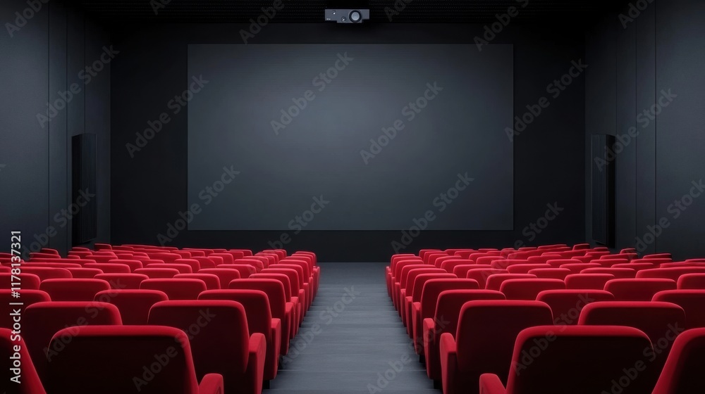 Fototapeta premium Empty Movie Theater with Red Chairs and Dark Screen in a Modern Cinema Environment