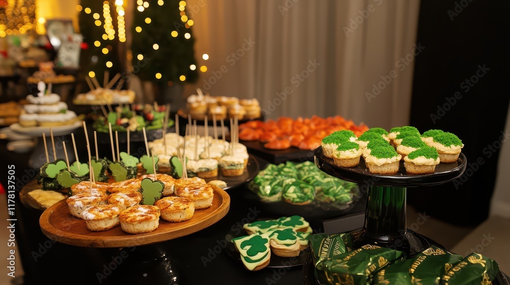 Naklejka premium Festive dessert table with themed cupcakes and pastries at a celebration