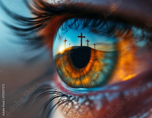 image of crosses reflected in an eye