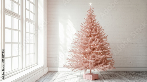 light pink christmas tree in a white room